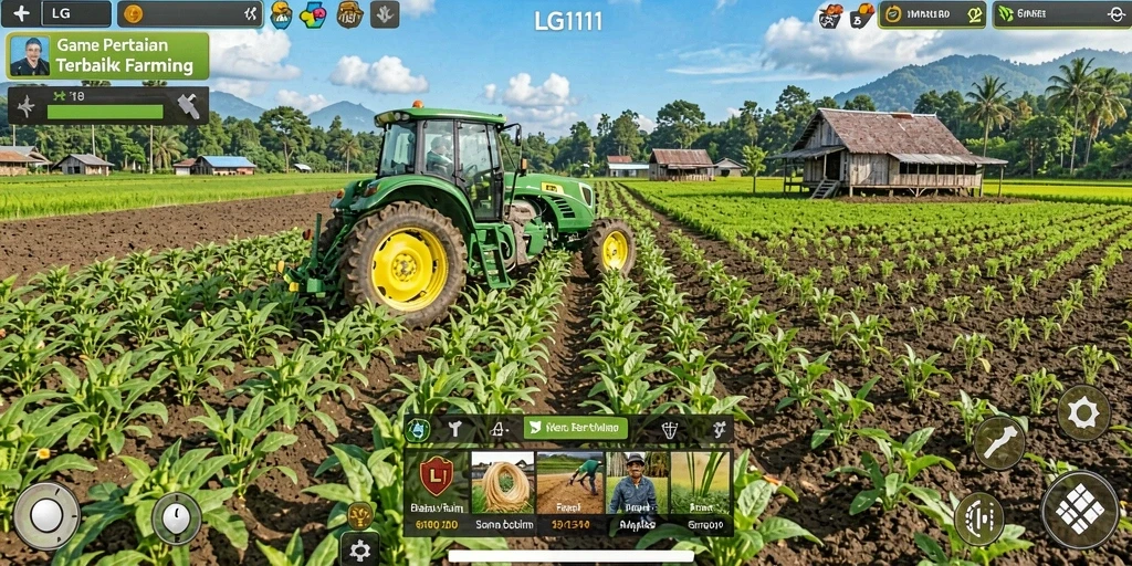 Screenshot gameplay LG111 menunjukkan petani mengolah lahan pertanian.