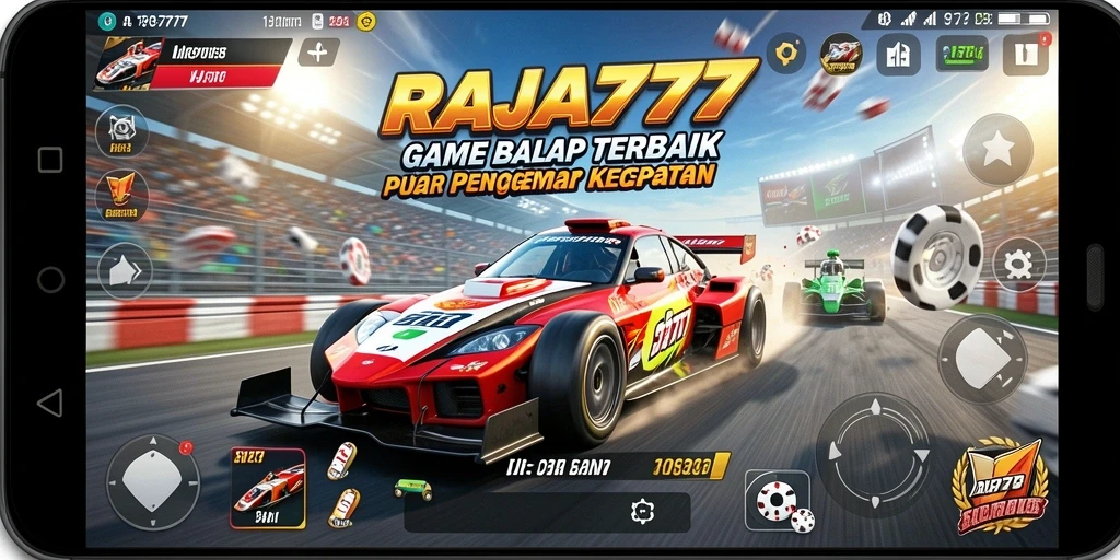 Tangkapan layar gameplay RAJA777 dengan mobil balap beraksi di lintasan.