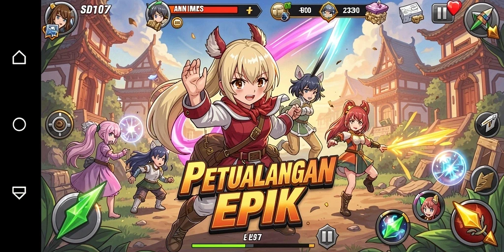 Tangkapan layar gameplay SD107 yang menampilkan pertarungan seru dan karakter yang menarik.