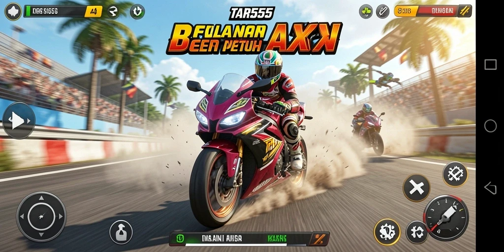 Tangkapan layar TAR555 menampilkan aksi balapan motor yang mendebarkan.